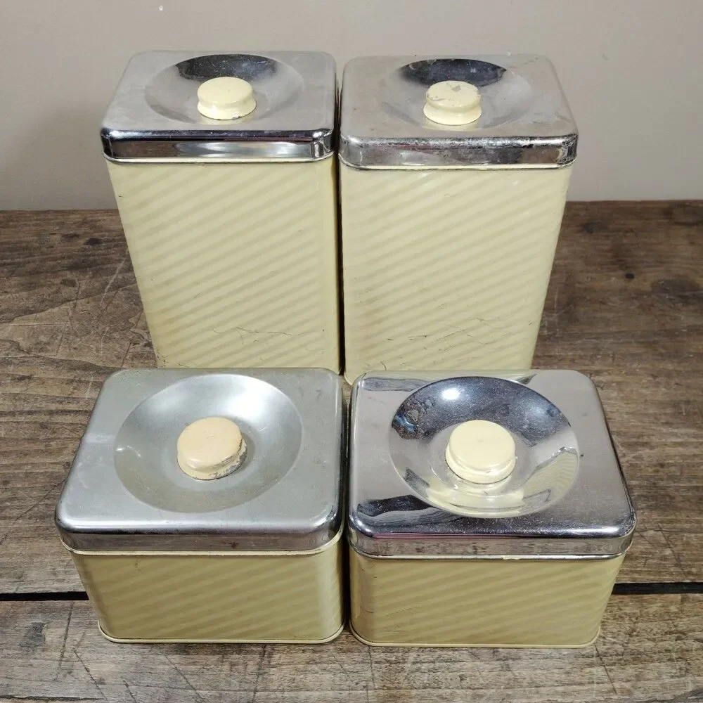 Vintage Lincoln Beautyware Metal Pale Yellow & Chrome Canisters Set 4 Kitchen